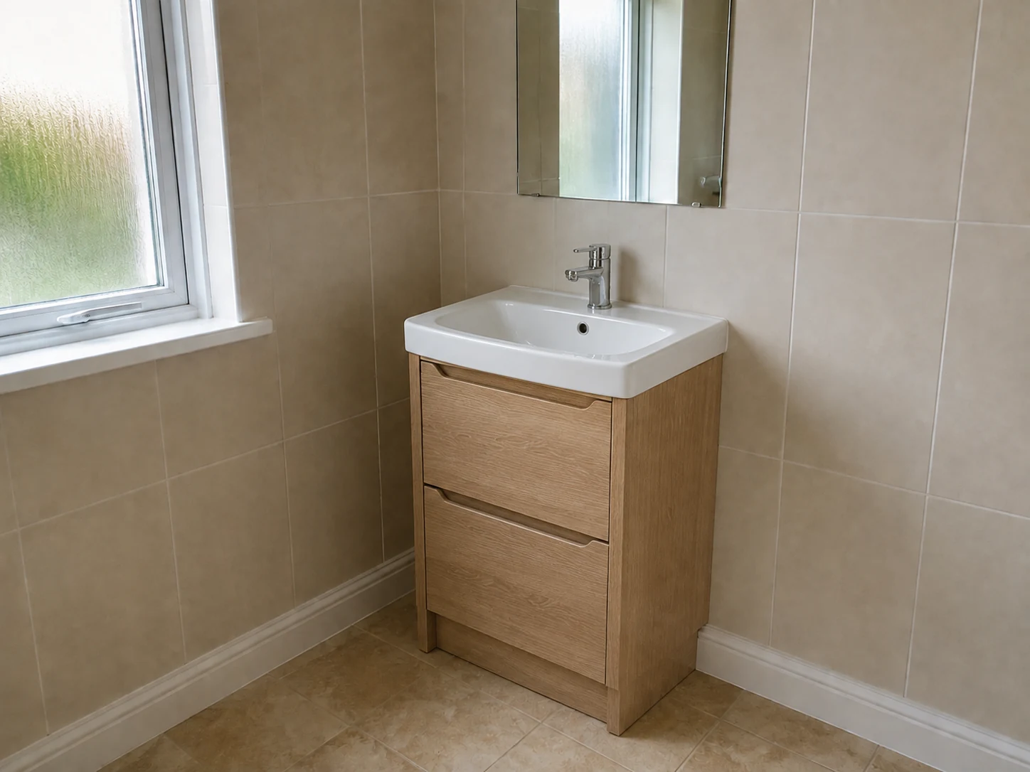 AI concept of the same bathroom with a new basin and oak vanity